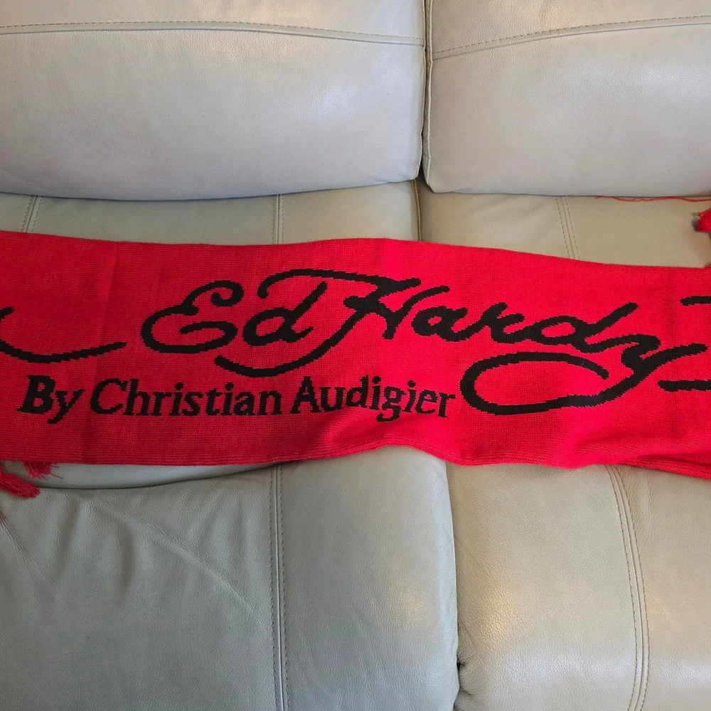 Ed Hardy Christian Audigier Red Tiger Knit Scarf Y2K Streetwear Fringe EHMS6070‎